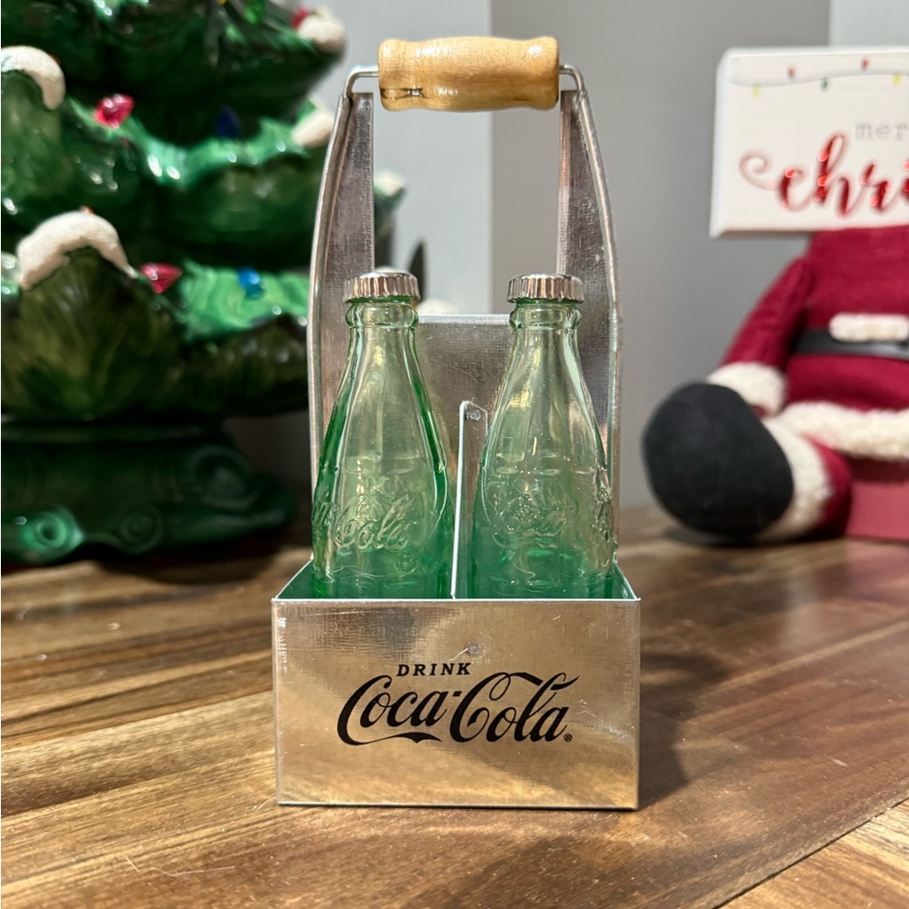 Coca-Cola Bottle Salt and Pepper Shakers with Carrier